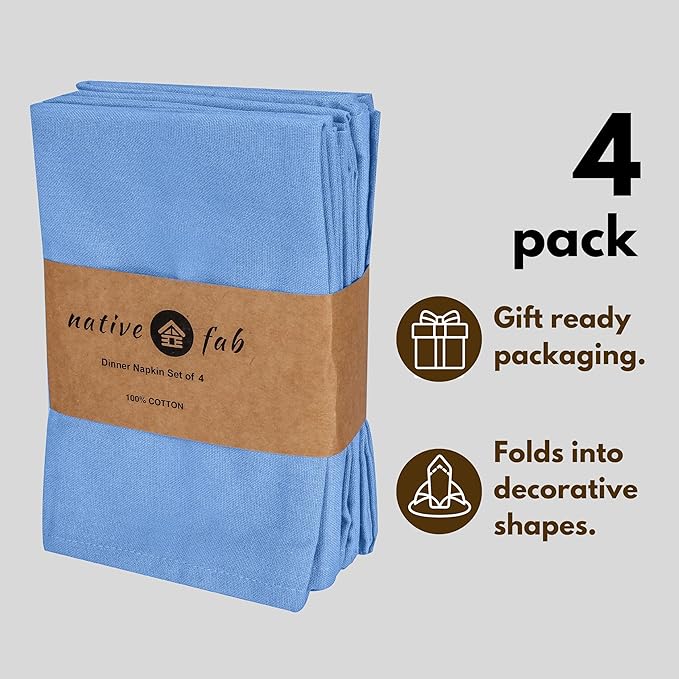 Native Fab Solid Cloth Napkin Set of 4, 100% Cotton, Washable, Reusable Dinner Cloth Napkin 17x17 inches, Table Decor Napkins for Dinner, Events, Sky Blue