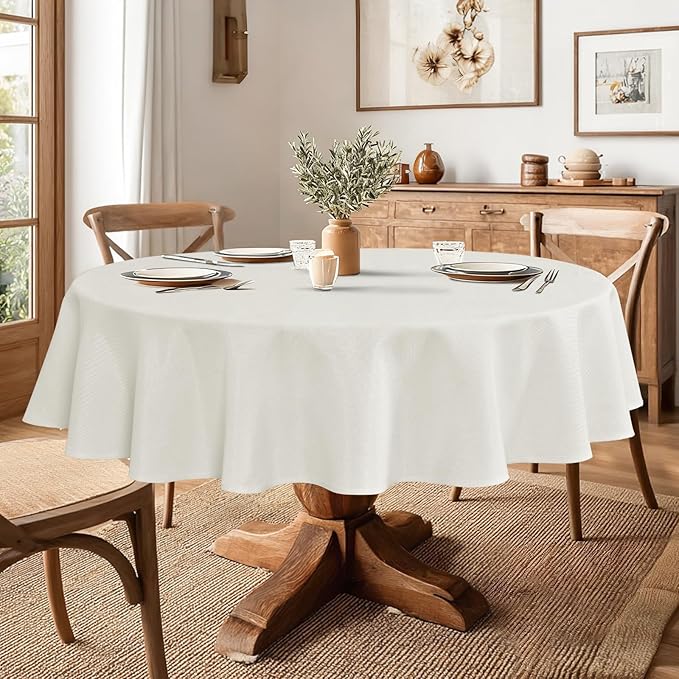 JIUZHEN Round Textured Table Cloth Linen Wrinkle Free Stain Resistant Farmhouse Decorative Circular Tablecloth for Kitchen, Dining, Party, Wedding, Outdoor Use (50 Inch Round,White)