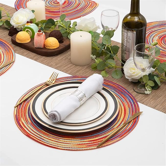 6PCS Braided Beige Round Place Mats for Kitchen Dining Table Runner Heat Insulation Non-Slip Washable Placemats Dinner(Mix Red)