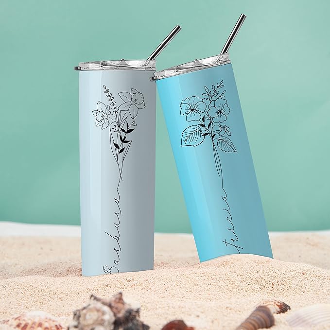 Birthday Gifts For Women, Personalized Skinny Tumblers with Birth Flower I 10 Colors - 20 Oz I Gifts for Women, BPA Free Tumbler Customized with Name