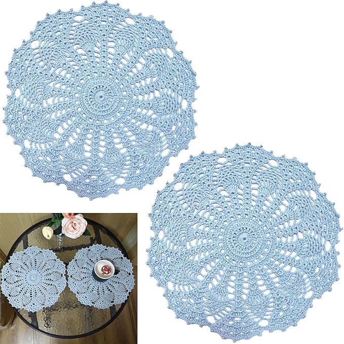 BIBITIME 2PCS 11 inches to 12 inches Lace Doilies Crochet Handmade Lace Coasters Round Placemat Rustic Table Doilies Decors for Kitchen Dining Room Party Dressers Light Blue