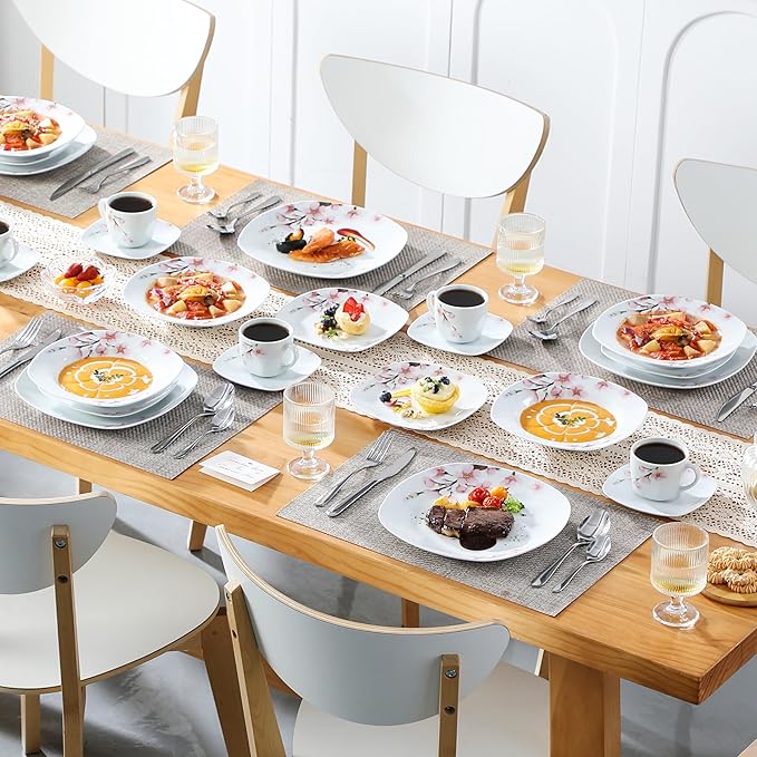 VEWEET Annie Porcelain Dinnerware for 6, 30-Piece Pink Floral Dish Set With Plates and Bowls Including Dinner, Dessert, Soup, Cups & Saucers