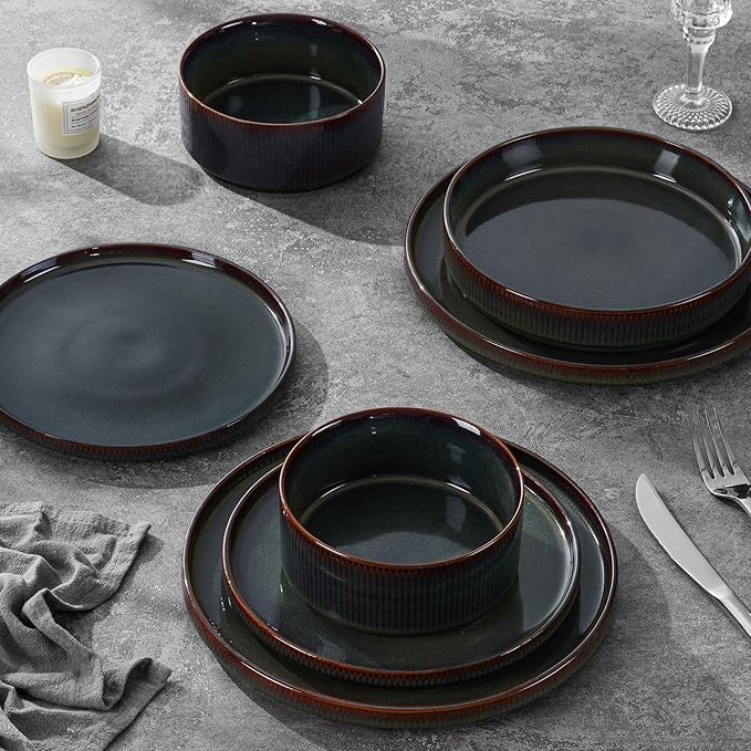 LIANYU Dinnerware Sets with Pasta Bowls, 8 Piece Ribbed Dinnerware Plates and Bowls Set for 2, Elegant Modern Stoneware Dishes Set for Kitchen Dining, Microwave and Dishwasher Safe, Jungle Green