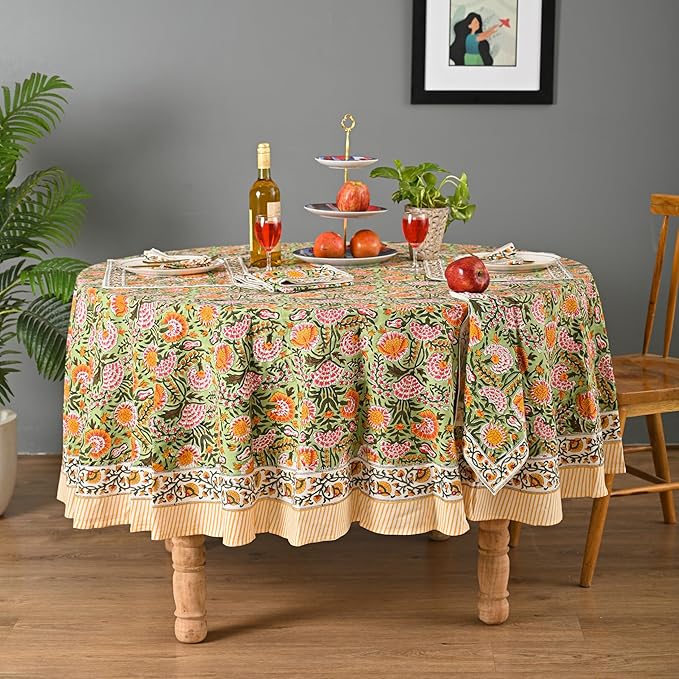 Hand Block Printed Cotton Tablecloth – Elegant Floral Design Perfect for Dining Table Kitchen Parties Home Decor, Wall Tapestry (Daisy Sunshine, 6 Seater 72 Inches Round)