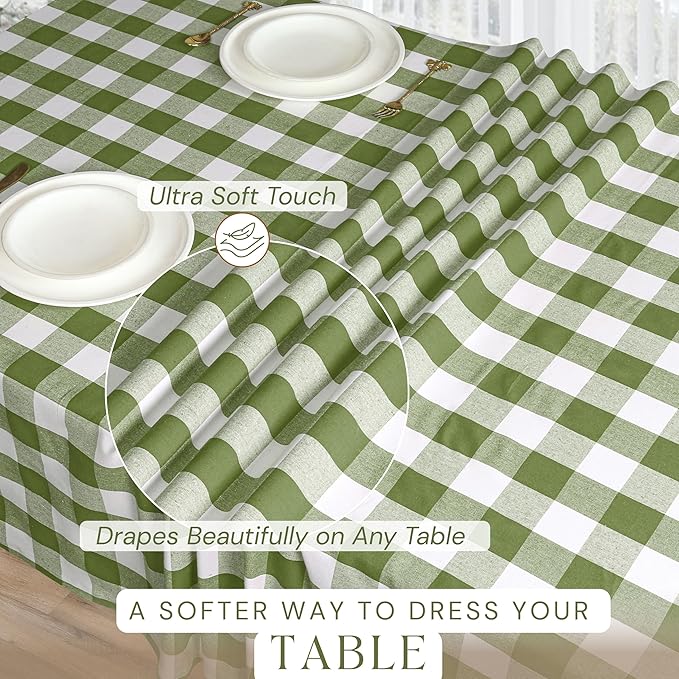 Mint Green and White Buffalo Check Tablecloth, 60x102 Inches, Plaid Table Cover, 100% Cotton, Washable, Reusable Farmhouse Tablecloth for Holidays, Parties, Weddings, Everyday Use