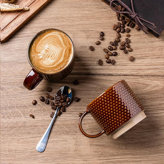 GBhome 12 OZ Stackable Coffee Mugs Set of 6, Ceramic Coffee Cups with Texture Patterns for Man,Woman,Dad,Mom, Modern Coffee Cups for Latte/Cappuccino/Cocoa. Dishwasher&Microwave Safe,Caramel