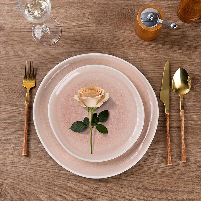 AmorArc Ceramic Dinnerware Sets,Handmade Reactive Glaze Stoneware Plates and Bowls Sets,Highly Scratch Resistant | Dishwasher & Microwave Safe Dishes Set,Service for 6 (18pc)-Pink