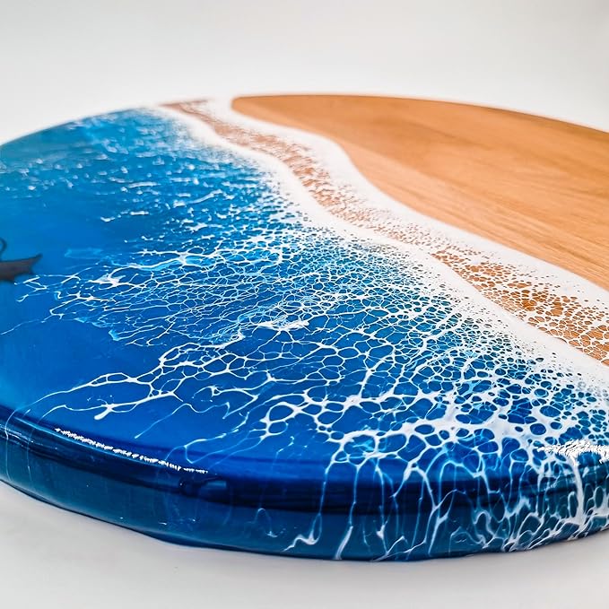 Resin Personalized Round Wood and Ocean Blue Resin Charcuterie Board, Custom Engraved Cheese Platter Wedding Gift, Housewarming Gift, Custom Name Board, Engraved Circle Charcuterie Board