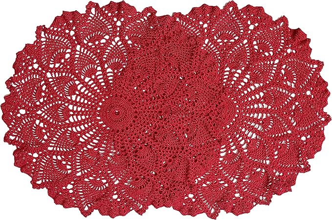 BIBITIME Lace Placemats Table Doilies Round Handmade Crochet Doily Kitchen Coffee Cup Mug Mats Dinner Place Mats (16 to 17.5 inches-2PCS, Red)
