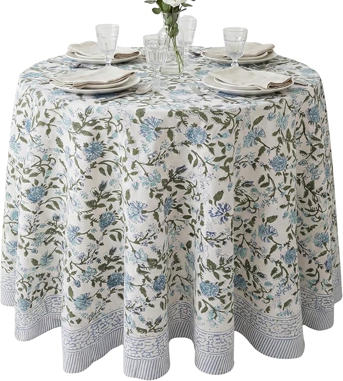 ATOSII Mahoka Blue 100% Cotton Round Tablecloth, Block Print Floral Table Cloth for Dining, Parties, Weddings, Outdoors, Holidays I 72" Inches, 4 Seater I Grandmillennial Farmhouse Boho Summer