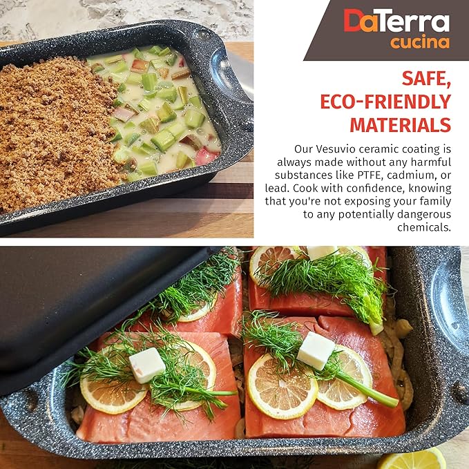 DaTerra Cucina - 13" Nonstick Ceramic Coated Dual Roasting Pan Set – 2 Identical Pans, Oven Safe, Ideal for Roasting, Baking, Searing, Braising, Casseroles, Fits Most Toaster Ovens