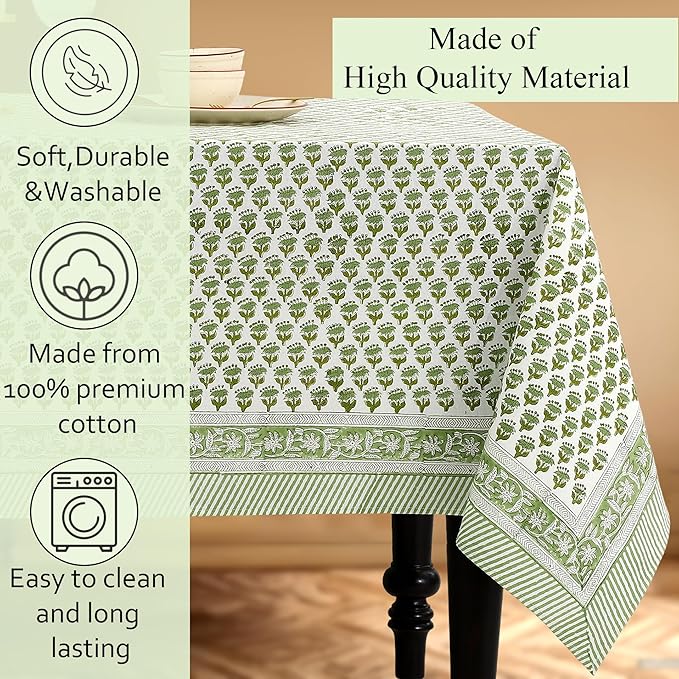 CPC Tablecloth 100% Cotton 72x190 Inch Indian Block Print Rectangle Table Cover, Green Table Cloth for Weddings, Spring, Easter, Valentines- Emerald Green