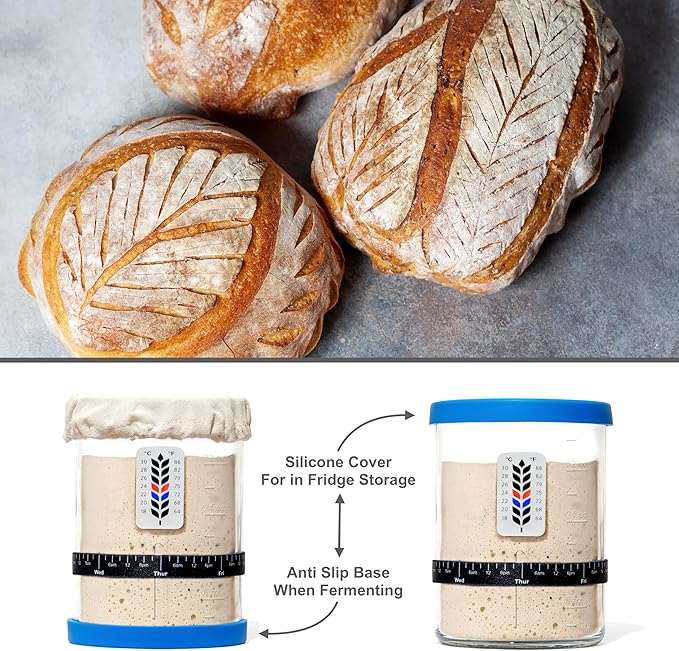 Premium Sourdough Starter Jar - 40oz Large Sourdough Jar with Marked Feeding Band, Thermometer, Scraper, Cloth Cover and Silicone Lid/Base, Wide Mouth Starter Kit - Blue/Red