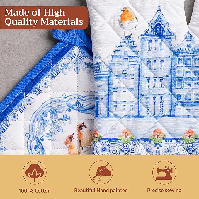 Maison d' Hermine 100% Cotton Oven Mitt & Pot Holder Set (7.5"x13" & 8"x8") Heat Resistant BBQ Cooking Gloves with Loop, Baking, Grilling, Kitchen, Handling Hot Pans Spring/Summer (Amsterdam Canals)
