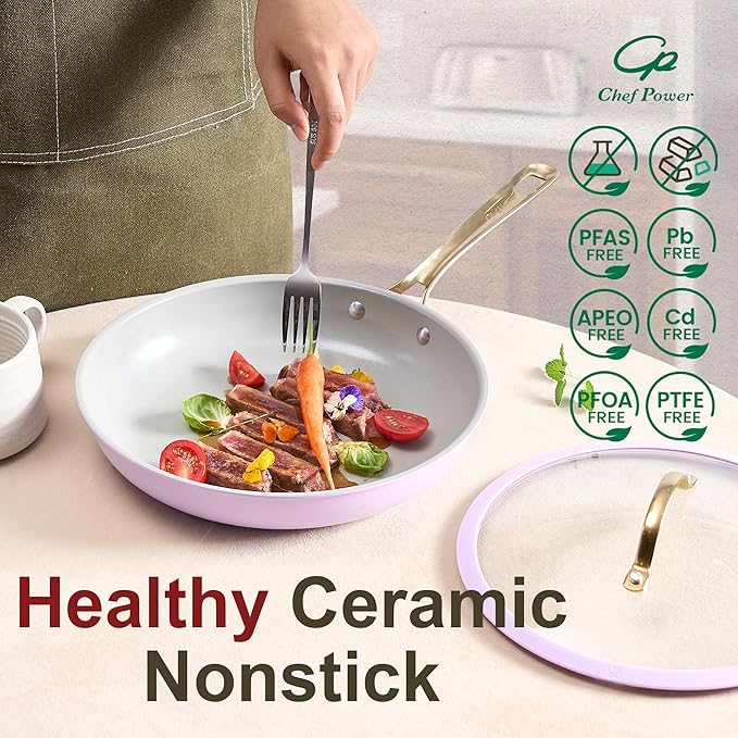 Chef Power Ceramic Cookware Sets, 10Pcs Pots and Pans Set Non Stick, Cookware Set with Stainless Steel Handle, Dishwasher & Oven Safe, Light Purple and Granite Grey
