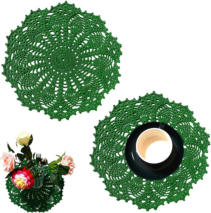 BIBITIME 2 PCS 11 inches to 12 inches Lace Doilies Crochet Handmade Lace Coasters Round Placemat Rustic Table Doilies Decors for Kitchen Dining Room Party Dressers (Green)
