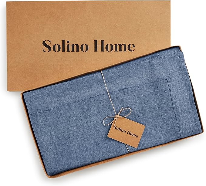 Solino Home Linen Tablecloth 60 x 120 Inch - 100% Pure Linen Blue Denim Table Cloth for Rectangle Tables - Athena, Machine Washable Tablecloth for Spring, Easter