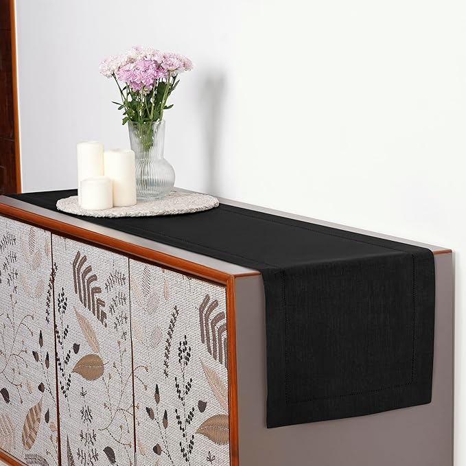 D'Moksha Homes Linen Black Table Runner 144 Inches Long - 100% Pure Linen Extra Long Table Runner 14 x 144 Inch for Spring, Easter - Classic Hemstitch