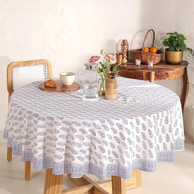 Hand Block Printed Table Cover - Exquisite Design, Premium Cotton Fabric, Perfect for Dining and Decor, Dining Table Linen (Blue Buti, 6 Seater 72 Inches Round)