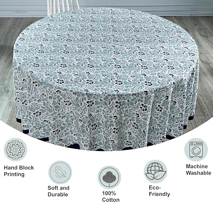 Ridhi Block Print Round Denim Blue Reusable Tablecloth 100% Cotton 60" Inch Decorative Table Cover eveyday Dining, Home, Party, Wedding, Farmhouse Gift for Spring, Easter, Valentine