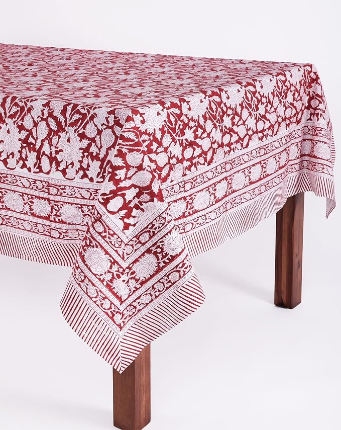ATOSII Meraki Red 100% Cotton Tablecloth, Handblock Print Rectangle Table Cover for Kitchen Dining I Tabletop Linen I Parties, Thanksgiving, Christmas, Wedding, Fall Table Cloth 60 X 108 Inches