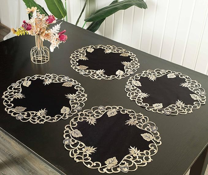 Decozen Set of 12 Doilies for Table, Lace Doilies - Rustic, Crochet, Farmhouse, Kitchen, Dining Table Centerpiece Decor - Round Christmas Placemats - 15 inch Gold Black, The Tarantino Collection