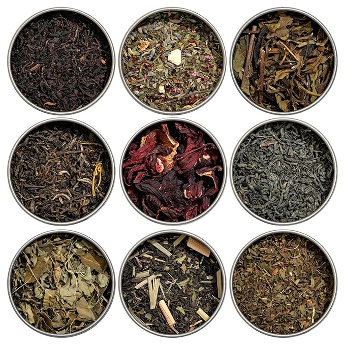 Heavenly Tea Leaves Organic 9 Flavor Variety Pack | Loose Leaf Tea Sampler (Approximately 90 Cups) | Premium Gift Set Assortment of Green, Herbal, Black & White Teas | Hot or Iced, High to No Caffeine | Sampler, Great Iced or Hot, High to No Caffeine