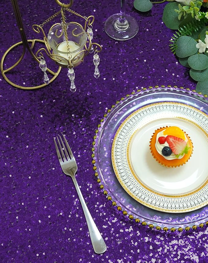 Eternal Beauty Purple Tablecloth, 50x50 Inch Sequin Square Table Cover for Cake Dessert Exhibition Party Birthday Events