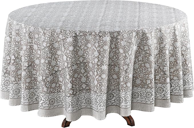 Ridhi Block Print Round Taupe Reusable Tablecloth 100% Cotton 120" Inch Decorative Table Cover eveyday Dining, Home, Party, Wedding, Farmhouse Gift for Spring, Easter, Valentine
