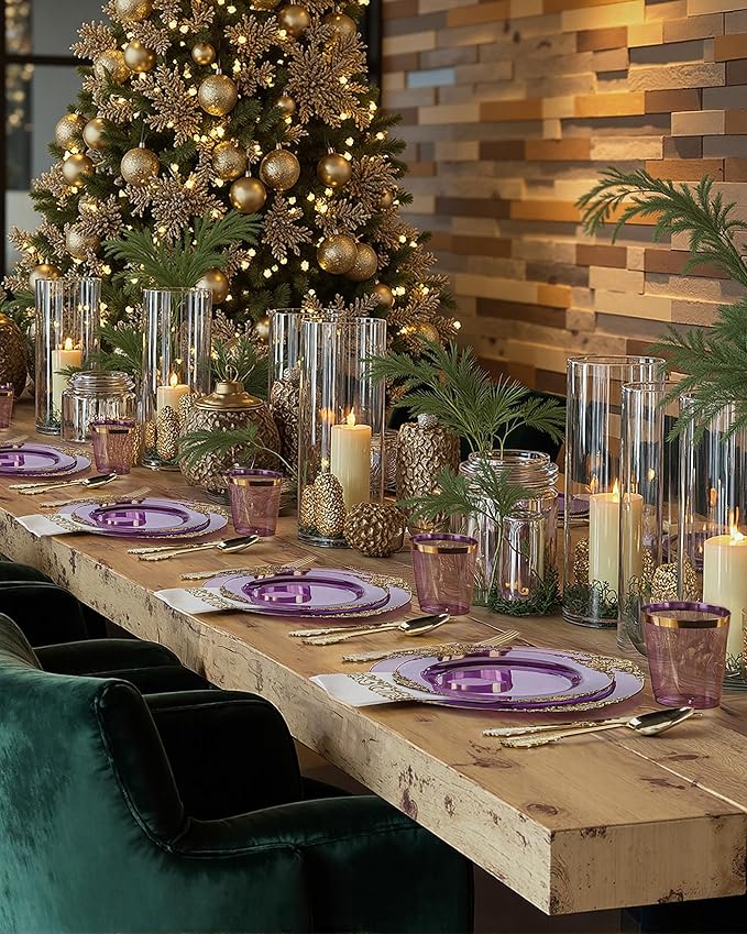 Nervure 175PCS Purple Plastic Plates - Disposable Purple Gold Party Plates & Pre Rolled Napkins with Cutlery for 25 Guests, 50Plates, 75Silverware, 25Cups, 25Napkin for Wedding & Party