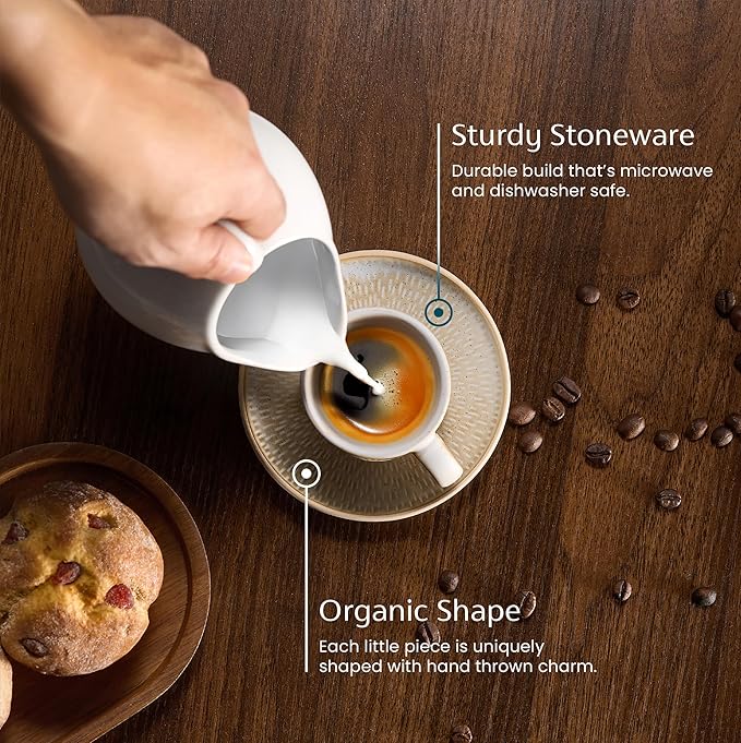 KooK Espresso Mug and Saucer Set, Ceramic Cups and Plates with Rustic Organic Shape and Feathered Texture, Dishwasher and Microwave Safe, 2.7 oz, Set of 4, Neutral Multicolor (2.7 Oz)
