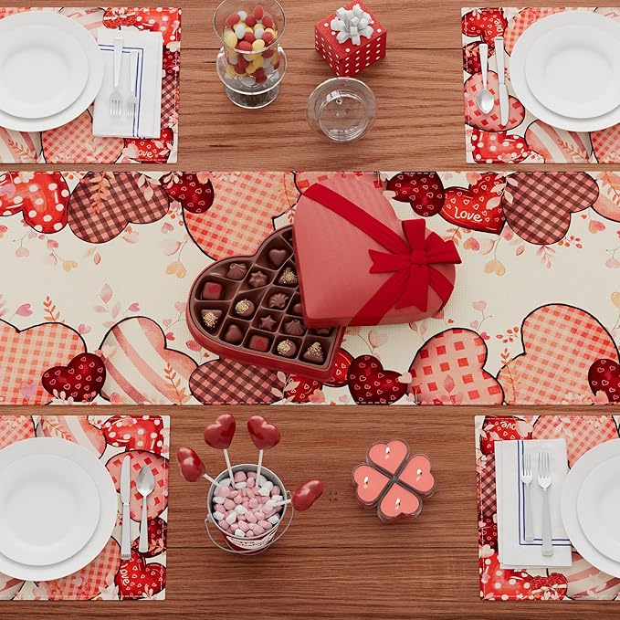 XCHI Love Hearts Valentine's Day Table Runner Table Decoration for Party Home Kitchen Dining Holiday Decor 13x60 Inch