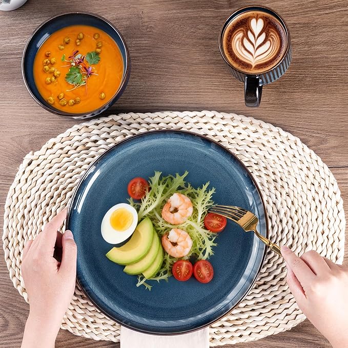 GBHOME Ceramic Dinnerware Sets for 4, 12 Pieces Stoneware Plates and Bowls Sets, Scratch Resistant Dishes, Dishwasher & Microwave Safe, Reactive Glaze-Pacific Blue