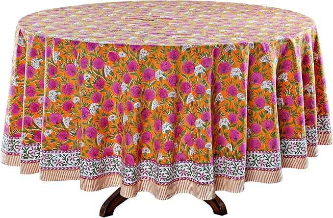 Ridhi Block Print Round Bubblegum Pink Reusable Tablecloth 100% Cotton 60" Inch Decorative Table Cover eveyday Dining, Home, Party, Wedding, Farmhouse Gift for Spring, Easter, Valentine
