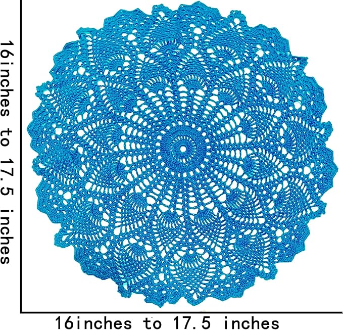 BIBITIME Lace Placemats Table Doilies Round Handmade Crochet Doily Kitchen Coffee Cup Mug Mats Dinner Place Mats (16 to 17.5 inches-2PCS, Lake Blue)