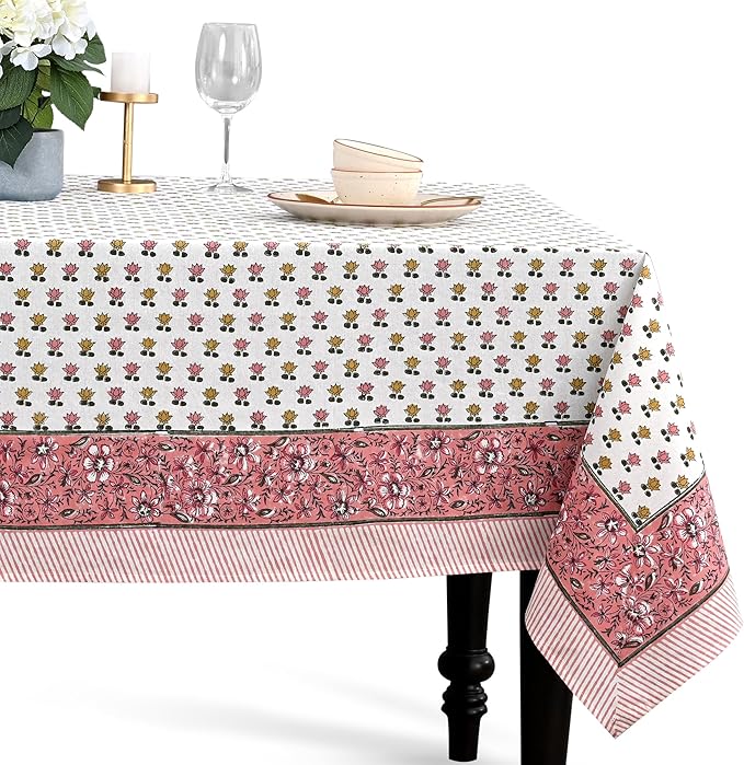 CPC Rosette Bloom Tablecloth 100% Cotton 60x90 Inch Indian Block Print Rectangle Table Cover, Table Cloth for Gifting in Weddings, Halloween, Fall, Christmas, Thanksgiving