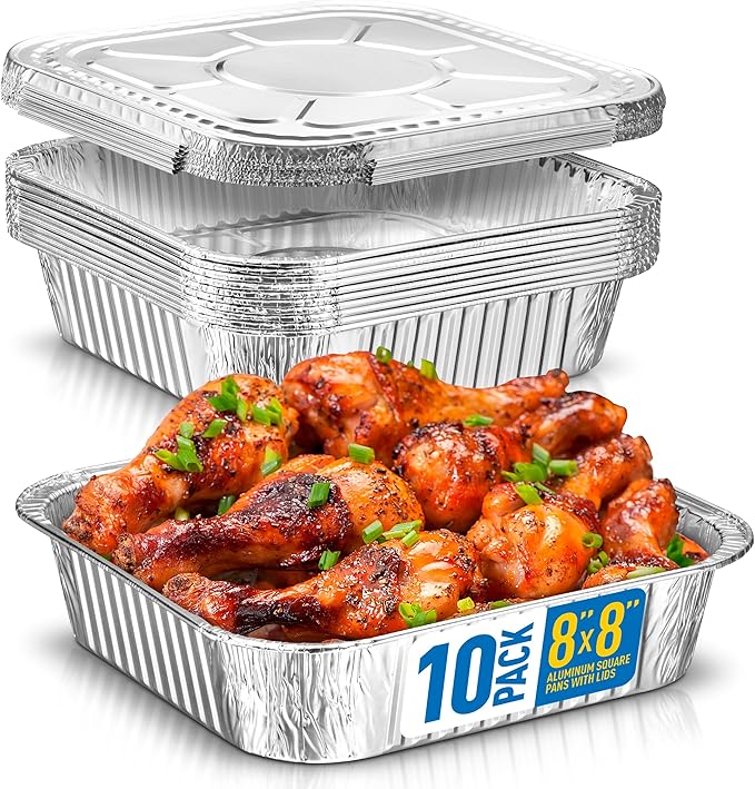 8x8 Disposable Aluminum Pans With Lids - 10 Pack Foil Pans For Cooking, Baking Cakes, Roasting & Homemade Breads - Disposable Food Containers With Foil Lids