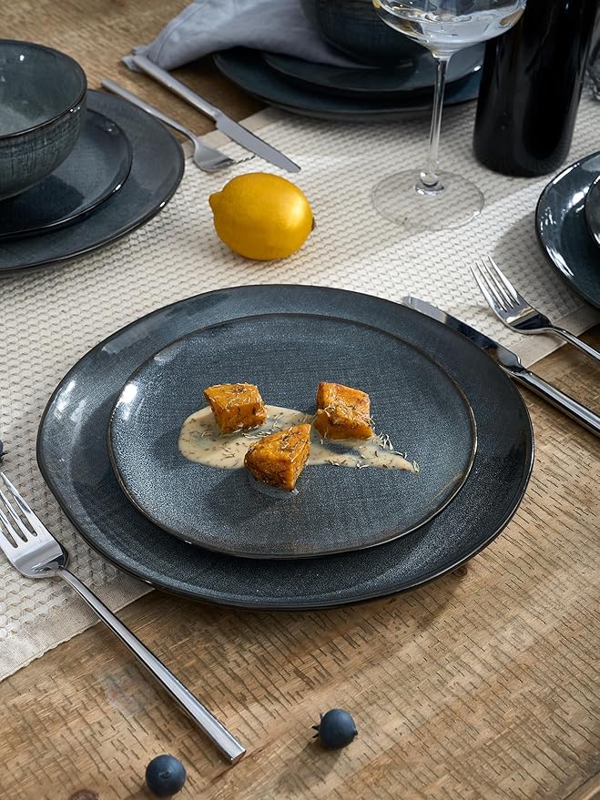 Famiware Moonlight Plates and Bowls Sets, 18 Pieces Stoneware Dinnerware Sets with Linen Finish, Handmade Dishware set for 6, Microwave and Dishwasher Safe, Scratch Resistant Tableware, Dark Blue