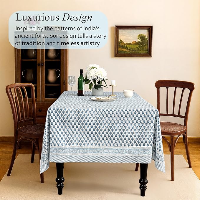 CPC Tablecloth 100% Cotton 60x60 Inch Indian Block Print Square Table Cover, Table Cloth for Weddings, Spring/Summer, Barbeque - Apatite Blue