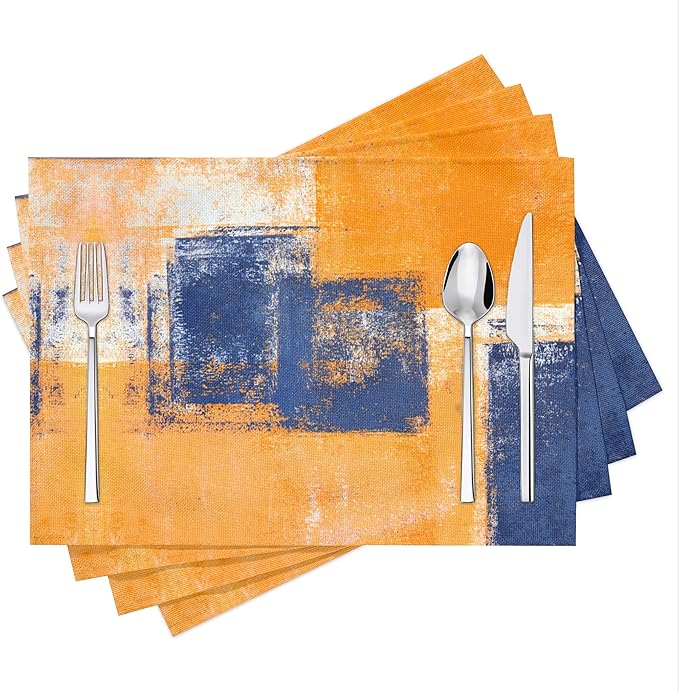 Modern Art Placemats Set of 4 Yellow Abstract Painting Place Mats Washable Linen Blue Placemat for Kitchen Dining Table Home Dinner Party Decor 18x12 Inches
