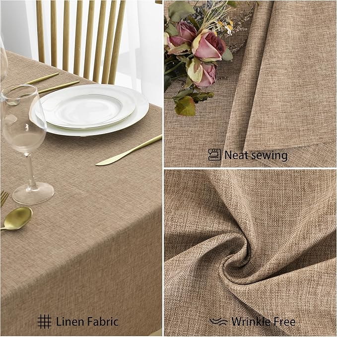 JIUZHEN Rectangle Table Cloth Faux Linen Farmhouse Tablecloth Wrinkle and Stain Resistant Decorative Fabric Table Cover for Kitchen, Dining Room, Parties and Camping, Khaki, 54 x 80 Inch
