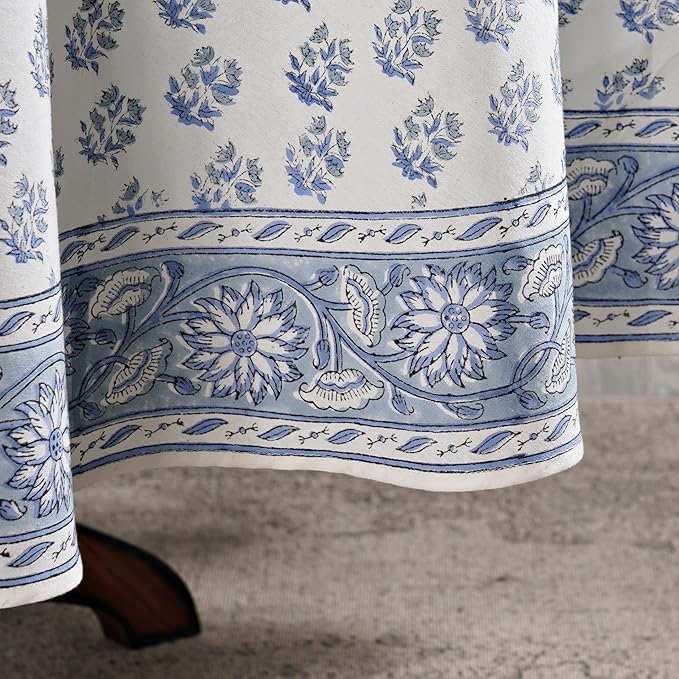 Ridhi Block Print Round Sky Beau Blue Reusable Tablecloth 100% Cotton 60" Inch Decorative Table Cover eveyday Dining, Home, Party, Wedding, Farmhouse Gift for Spring, Easter, Valentine