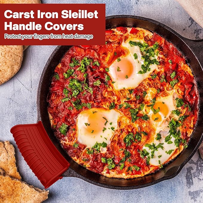 Patelai 4 Pcs Silicone Assist Hot Pan Handle Holder Pot Handle Covers for Cast Iron Skillets Holder Sleeve Nonslip Heat Resistant Pan Cover for Enameled Griddles Casserole Frying Cookware(Red)
