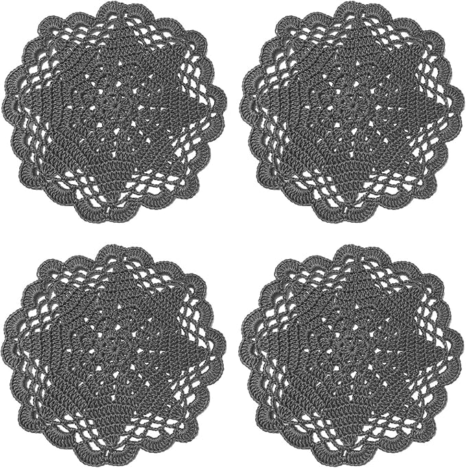 BIBITIME Handmade Crochet Round Lace Doilies Kitchen Table Placemats Wedding Tea Flower Vase Cup Mats (Dark Grey, 6" to 7",Pack of 4PCS)