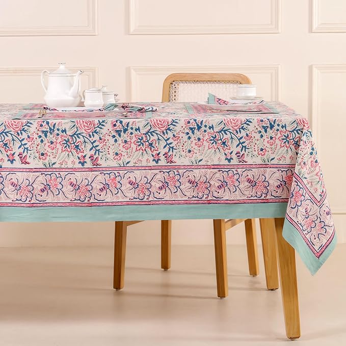Hand Block Printed Table Cover - Exquisite Design, Premium Cotton Fabric, Perfect for Dining and Decor, Dining Table Linen(Salmon Pink,6 Seater 60 x 90 Inches Rectangle)