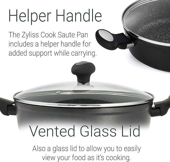 ZYLISS Cookware 11" Nonstick Saute Pan with Covered Lid - Oven, Dishwasher, Induction and Metal Utensil Safe Cooking - Heavy Duty Forged Aluminum with Sturdy Riveted Helper Handle