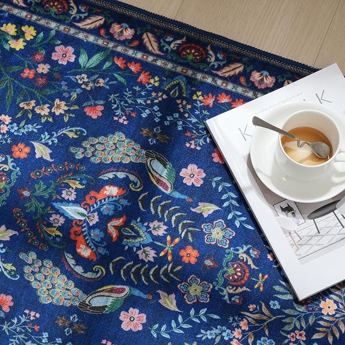 Rugcomf Runner Rug Washable Kitchen Runner 2'x 10' Runner Rug for Entryway Indoor Floral Soft Non-Slip Carpet Runner for Hallways, Kitchen, Laundry, Bedroom, Bathroom(Blue)