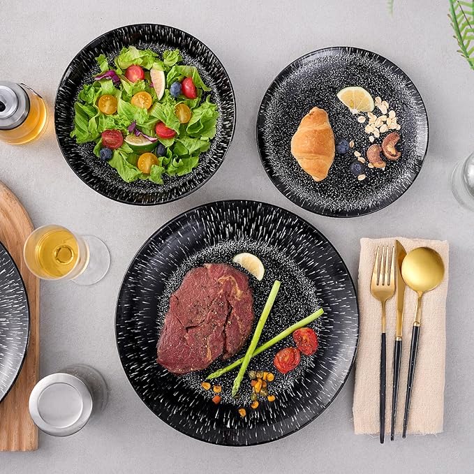 Bestone 12-Piece Round Porcelain Dinnerware Set, Service for 4, Chip Resistant Plates and Bowls,Black, Dishwasher & Microwave Safe for Home Daily Use