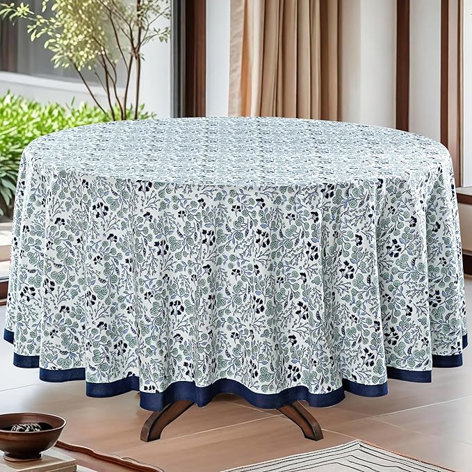 Ridhi Block Print Round Denim Blue Reusable Tablecloth 100% Cotton 60" Inch Decorative Table Cover eveyday Dining, Home, Party, Wedding, Farmhouse Gift for Spring, Easter, Valentine
