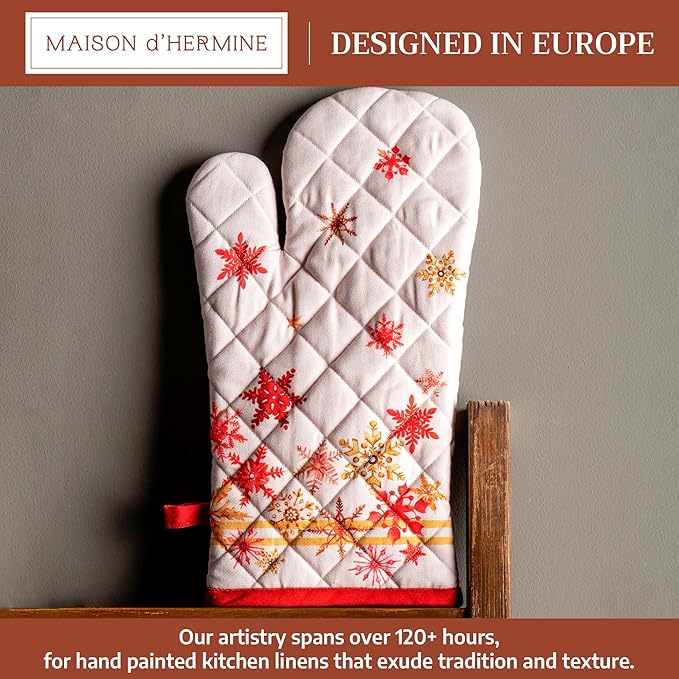 Maison d' Hermine Oven Gloves 100% Cotton Oven Mitt 7" x 13" with Loop Heat Resistant BBQ Cooking Gloves for Thanksgiving Christmas Decorations Baking Handling Hot Pans (Pack of 1, Crystal Star)